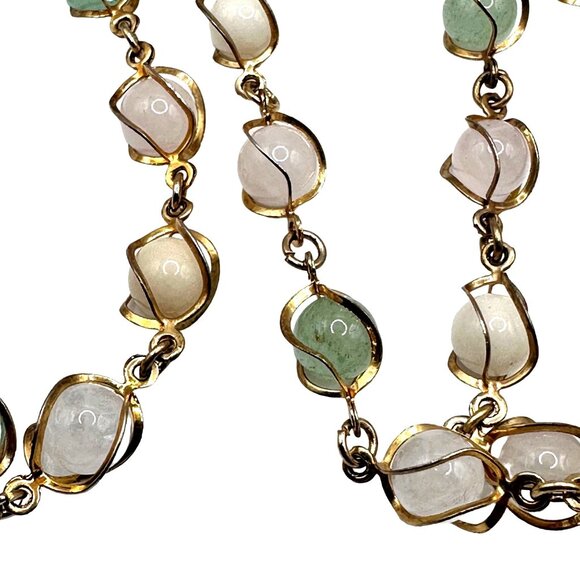 Vintage Long Quartz Necklace Caged Gemstone Semi-Precious Pastel Pink Green - Picture 6 of 7